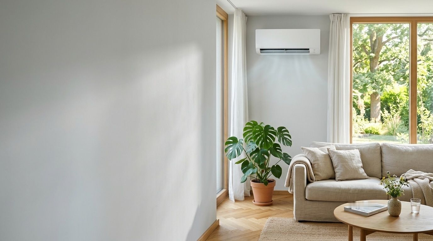 Helles Wohnzimmer mit Klima-Wandgerät über einer Zimmerpflanze